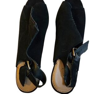 B Makowsky Isla Black Suede Leather Platform Slingback Cone Heel Peeptoe Sz 7.5M